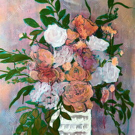 Leslie Abraham: 'wishing you well', 2023 Acrylic Painting, Botanical. Artist Description: botanical study impressionist painting of a floral arrangement, using textured acrylic paint, spray paint, handmade paper collage and direct brush- to- canvas techniques...