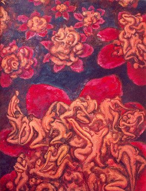 Lia Chechelashvili: 'Red flowers', 1994 Oil Painting, Figurative.     oil on cardboard                                                        ...