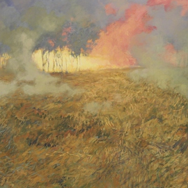 Lea Liblik: 'The Fire', 2013 Acrylic Painting, Landscape. Artist Description:   landscape, field, summer, impressionism, light, bright, yellow, fire, pink, smoke  ...