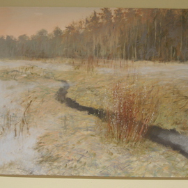 Lea Liblik: 'The Willow Kitties', 2013 Acrylic Painting, Landscape. Artist Description:    landscape, field, spring, impressionism, light, fog, brook , willow, willow kittiws  ...