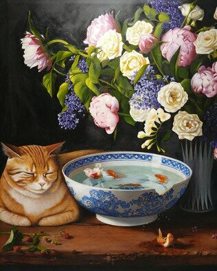 Lidia Kirov: 'cat napping by Lidia Kirov', 2022 Oil Painting, Cats. Cat napping, dreaming of fish, an oil painting, the tragic story of Caligula, my son s pet goldfish, he took a leap of faith and he was no more, ...