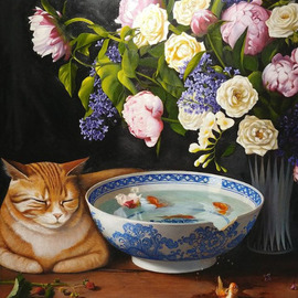 Lidia Kirov: 'cat napping by Lidia Kirov', 2022 Oil Painting, Cats. Artist Description: Cat napping, dreaming of fish, an oil painting, the tragic story of Caligula, my son s pet goldfish, he took a leap of faith and he was no more, ...