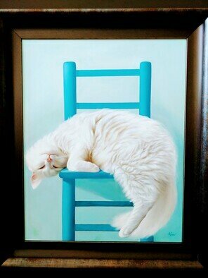 Lidia Kirov: 'white cat on a blue chair', 2022 Oil Painting, Cats. This is an oil painting of my white cat sleeping on his favorite blue chair. ...