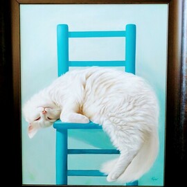 Lidia Kirov: 'white cat on a blue chair', 2022 Oil Painting, Cats. Artist Description: This is an oil painting of my white cat sleeping on his favorite blue chair. ...