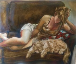 Lina Golan: 'repose', 2017 Oil Painting, People. woman, mystery, silence, beauty, fantasy, love, human body, motion, enigma, concept, movement, character, figure, personage, dream, human shape, symbol, impression, cat, cats, pets, black, white appearance, atmosphere, glance, feel , expression, emotion, sentiment, tenderness, softness, way, human being, view, appearance, sight, vision, sleeping, repose, rest, tranquility, relaxation, stillness, peacefulness, serenity, intimate, ...