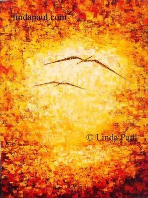 Linda Paul: 'Flight  Abstract Art painting', 2014 Acrylic Painting, Seascape.  Original Abstract Art Paintings of Sunset and two birds in flight in vibrant colors of yellow, orange, red and chocolate brown by artist Linda Paulprice 25900. 00Size 30 wide x 40 high x 1- 122 deepMedium acrylic paint on canvasArtist Linda Paulone of a kind.frameless - ready...