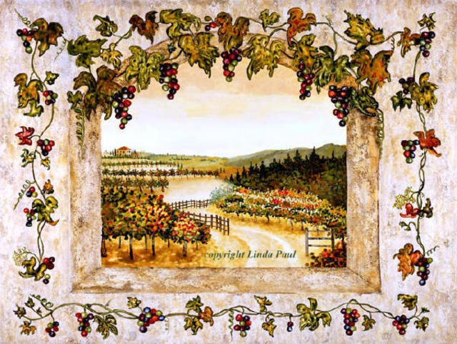 Artist Linda Paul. 'Grapes N Vines  Vineyard Painting By Linda Paul' Artwork Image, Created in 2009, Original Painting Tempera. #art #artist