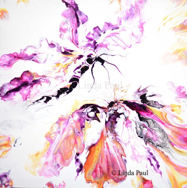 Artist Linda Paul. 'Dragonfly And Flower Painting' Artwork Image, Created in 2021, Original Painting Tempera. #art #artist
