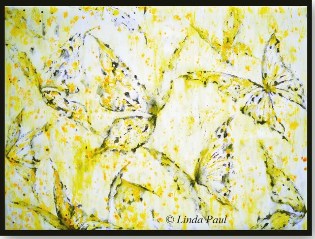 Linda Paul  'Yellow Butterflies', created in 2018, Original Painting Tempera.