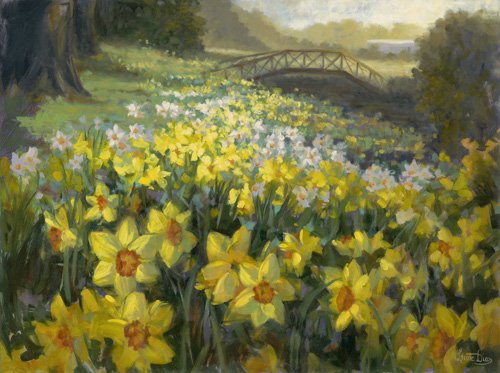 Livia Dias: 'Daffodils at Mona Vale', 2016 Oil Painting, Botanical. This painting shows the colours of Spring as the Daffodil flowers pop out bringing beauty and hope to all of us. The atmospheric effects capture the early morning time, new growth and warmth from the season. ...