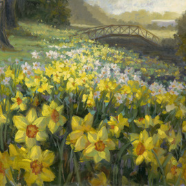 Livia Dias: 'Daffodils at Mona Vale', 2016 Oil Painting, Botanical. Artist Description: This painting shows the colours of Spring as the Daffodil flowers pop out bringing beauty and hope to all of us. The atmospheric effects capture the early morning time, new growth and warmth from the season. ...