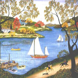 Linda Mears: 'Autumn Holiday', 1990 Oil Painting, Landscape. Artist Description:  Oil Painting of Autumn Landscape, Oil Painting of Sailing in Autumn, Folk Art Country Linda Mears Landscape Painting, Oil Painting of Sailing on Hudson River, Hudson River Landscape Painting with Horses, Whimsical Folk Art Landscape Painting...