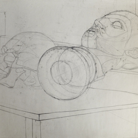 Andreas Loeschner Gornau Artwork Study Plaster Head and Skull, 1983 Graphite Drawing, Naturalism