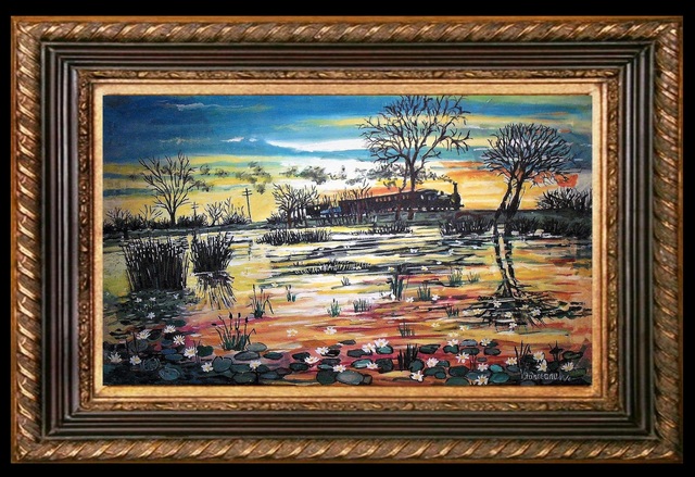 Artist Vranceanu Aurelian. 'Sunset On The Pond' Artwork Image, Created in 2019, Original Optic. #art #artist