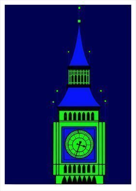 Asbjorn Lonvig: 'Big Ben green on blue', 2016 Other Printmaking, Scenic.  Big Ben green on blue ...