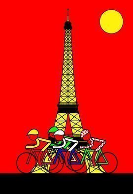Asbjorn Lonvig: ' Stage 21 The Eiffel Tower in Yellow', 2011 Serigraph, Sports.           They are for sale as 1 inks on Hahnemuhle quality canvas and 210 numbered and signed Fine Art prints on Hahnemuhle quality paper.The Eiffel Tower turns yellow to salute the arrival of the first rider - the rider waring the yellow jersey. Sunshine.Riders, The Eiffel Tower, and...