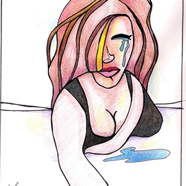 Loretta Nash: 'big girls do not cry', 2007 Marker Drawing, Figurative. Artist Description:  comic drawing of a big girl crawling towards the viewer with tear in her eye.  the tear has puddled in front of her. ...