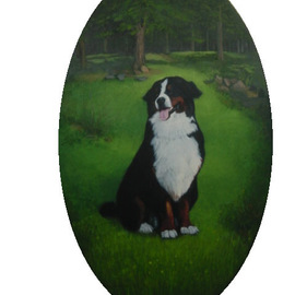 Lorrie Williamson: 'Shanti', 2005 Acrylic Painting, Animals. Artist Description:  Commissioned portrait of Shanti, a Burmese Mountain Dog, painted on a 7 foot, 3/ 8 inch thick mohogany luan panel. Finished size: Oval 30 by 78 inches. Request Price for Pet Portraits....