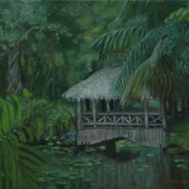 Lorrie Williamson: 'The Tiki Bridge', 2004 Oil Painting, Landscape. Artist Description:  The Quonset Bridge adds to the natural wonder of the Bonnet House landscape. ...