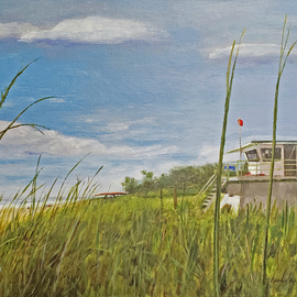 Lorrie Williamson: 'lifeguards at hobe sound beach', 2022 Acrylic Painting, Seascape. Artist Description: Red flag warns of dangerous rip currents, and the life guards are ready if someone  thinks it is just another beautiful day in Paradise ...