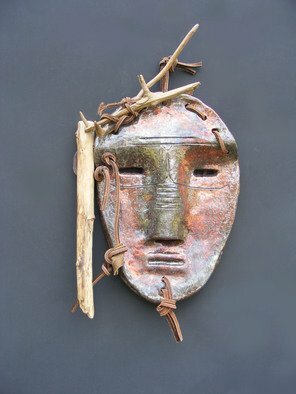 Louise Parenteau: 'AYA', 2014 Ceramic Sculpture, Mask.   Ceramic, wood, leather, found objects.  ...