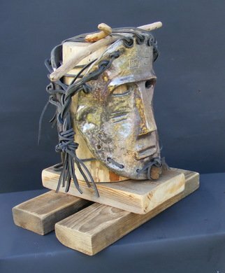 Louise Parenteau: 'Chandu', 2014 Ceramic Sculpture, Mask.  Mixed media: Ceramic, wood, leather.                     mask, african, art, sculpture, ethnic, raku, ceramic, wall sculpture,   ...