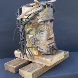 Louise Parenteau: 'Chandu', 2014 Ceramic Sculpture, Mask. Artist Description:  Mixed media: Ceramic, wood, leather.                     mask, african, art, sculpture, ethnic, raku, ceramic, wall sculpture,   ...