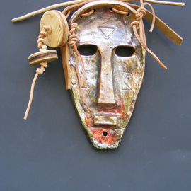 Louise Parenteau: 'KABAA', 2014 Ceramic Sculpture, Mask. Artist Description: Ceramic.  wood, leather, found objects.  mask, african, art, sculpture, ethnic, raku, ceramic, wall sculpture, ...