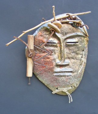 Louise Parenteau: 'OKO', 2014 Ceramic Sculpture, Mask.  Ceramic, wood, leather, found objects. ...