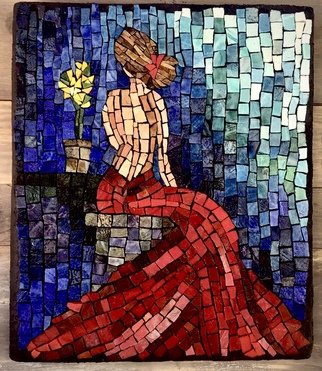 Laurie Reiss: 'lady in red', 2018 Mosaic, People. Hand cut Mexican Smalti glass. On wedi board. Ready to hang indoors or outdoors. ...