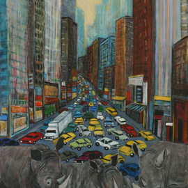 Lynn Rupe: 'EXPECT DELAYS   RHINOS', 2004 Acrylic Painting, Animals. Artist Description:  Please see my website: LynnRupe. com for a statement on this painting ...