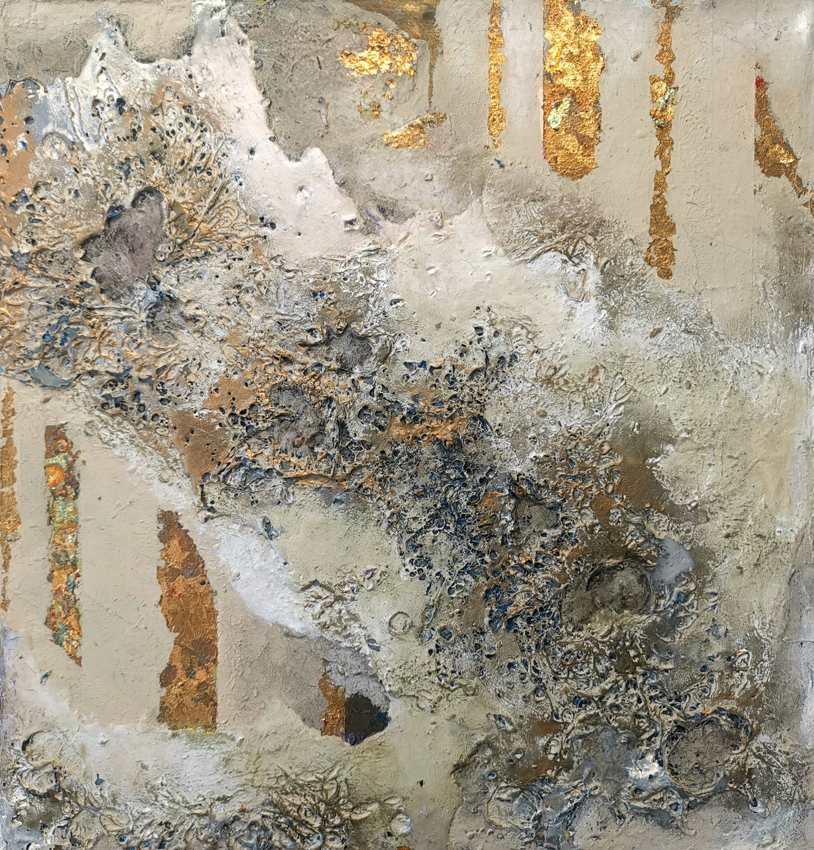 Lynda Stevens: 'Eroding columns in sandy background', 2008 Mixed Media, Abstract Landscape. Mixed- Media Piece on Boardising acrylic, metal foilenamel paint and clay...