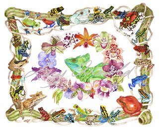 Lucy Arnold: 'Basilisk, Orchids, Frogs', 2010 Watercolor, Animals. Artist Description:  Basilisk lizard, orchids, frogs, poison dart frogs, poison arrow frogs, jungle, tropical, animals, nature ...