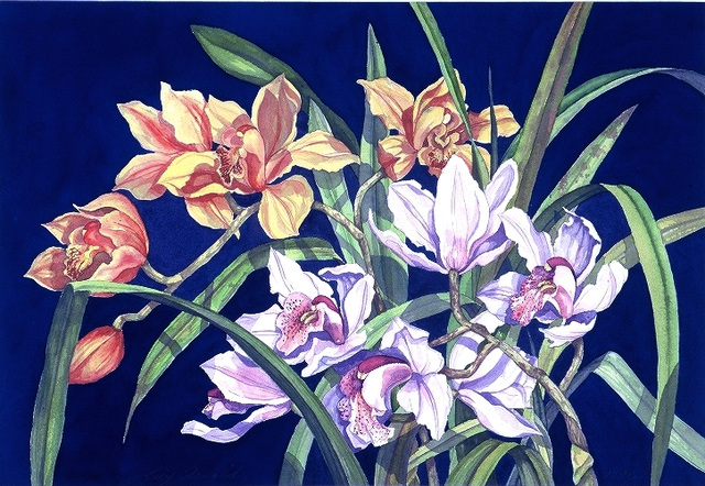 Lucy Arnold  'Orchids In Blue', created in 1996, Original Watercolor.