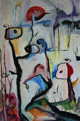 Ludmilla Wingelmaier: 'figurative composition 123', 2022 Oil Painting, Abstract Figurative. Figurative composition 123 with abstract forms was created intuitively. One painting shows magical figures and painted emotions, influenced by the works of Joan Miro and Wassily Kandinsky. The painting can be hung up. For shipping, the painting is carefully packed in a cardboard box, the certificate of authenticity is included. ...