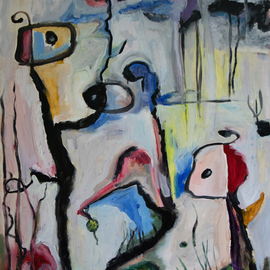 Ludmilla Wingelmaier: 'figurative composition 123', 2022 Oil Painting, Abstract Figurative. Artist Description: Figurative composition 123 with abstract forms was created intuitively. One painting shows magical figures and painted emotions, influenced by the works of Joan Miro and Wassily Kandinsky. The painting can be hung up. For shipping, the painting is carefully packed in a cardboard box, the certificate of authenticity ...