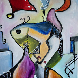 Ludmilla Wingelmaier: 'figurative composition 124', 2022 Oil Painting, Abstract Figurative. Artist Description: Figurative composition 124 with abstract forms was created intuitively. One painting shows magical figures and painted emotions, influenced by the works of Joan Miro and Wassily Kandinsky. The painting can be hung up. For shipping, the painting is carefully packed in a cardboard box, the certificate of authenticity ...