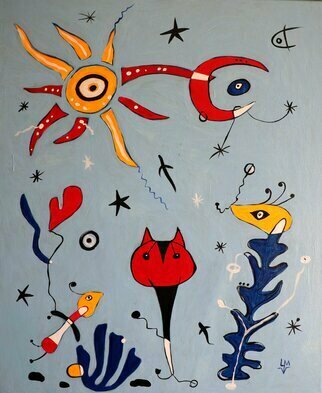 Ludmilla Wingelmaier: 'the sun and the cat', 2022 Acrylic Painting, Abstract Figurative. Abstract composition with fantasy world shows wonderful figures and objects.       The painting can be hung up. For shipping, the painting is packed in a cardboard box, the certificate of authenticity is included. ...