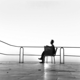 Bernhard Luettmer: 'Selfe Portrait', 1987 Black and White Photograph, Portrait. Artist Description:  One second Self- portrait on a terrace sea at the Mediterranean. ...