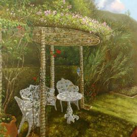 Luiz Henrique Azevedo: 'A nook with an arbor in Itaipava', 2013 Oil Painting, Interior. Artist Description: A lyrical way to see the arbor and their flowers arising in the spring....