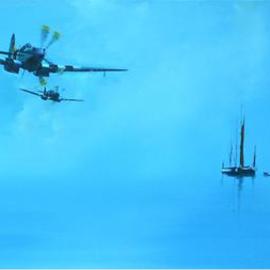 Tom Lund-lack: 'Blue Morning Photo Shoot', 2005 Oil Painting, Aviation. Artist Description: Two Spitfire PR 9 XIXs overfly a group of Thames barges on a warm summer morning in 1944....