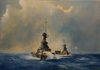 Tom Lund-lack: 'Castles of Steel', 2008 Oil Painting, Marine.  HMS Barham, HMS Malaya and HMS Argus, in heavy seas, while participating in exercises of the Atlantic and Mediterranean Fleets near the Balearic Islands, circa the later 1920s, as seen from HMS Rodney.Barham is followed by the battleship Malaya and the aircraft carrier Argus ...