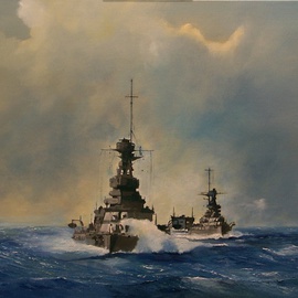 Tom Lund-lack: 'Castles of Steel', 2008 Oil Painting, Marine. Artist Description:  HMS Barham, HMS Malaya and HMS Argus, in heavy seas, while participating in exercises of the Atlantic and Mediterranean Fleets near the Balearic Islands, circa the later 1920s, as seen from HMS Rodney.Barham is followed by the battleship Malaya and the aircraft carrier Argus ...