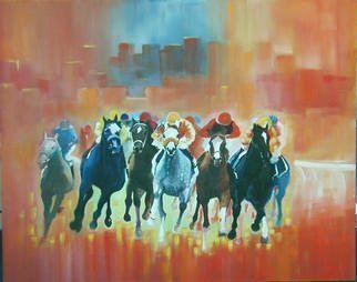 Tom Lund-lack: 'Close Competition', 2003 Reproduction Artwork, Equine. The contrast between abstract and figurative is intended to lend drama and excitement to this piece. Horse racing is a colourful and dramatic experience and I have aimed to capture these emotions with a bold and striking image.  Buy a fine art Giclee reproduction of this popular image....