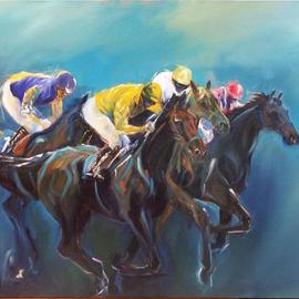 Tom Lund-lack: 'Close Finish', 2005 Oil Painting, Equine. Artist Description: Close finish is in my opinion one of the best pieces I have completed to date. It was executed rapidly to enhance the drama at the end of a close fought race.  The lack of detail and the bright highlights emphasise everthing I think is the essence of ...