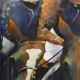 Tom Lund-lack: 'Close Up', 2011 Oil Painting, Equine. Artist Description: Originally inspired by a photograph this heavily cropped image no longer bears much relation to its original form. I wanted the focus to be on the jockeys and the horses heads to create an image that was intense, moving yet had a broad appeal owing to the use ...