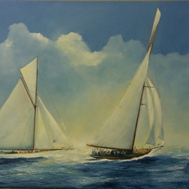 Tom Lund-lack: 'Give Way', 2010 Oil Painting, Sailing. Artist Description:  This painting depicts a moment when one of the yachts must give way to the other in order to avoid collision. As with all the other yacht paintings, the yachts themselves are only a vehicle to add drama and interest to seas and skies which in this case ...