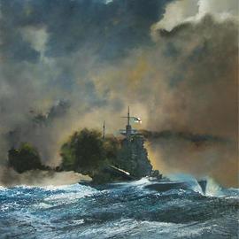Tom Lund-lack: 'HMS Duke of York', 2005 Oil Painting, Marine. Artist Description: The Duke of York fires a broadside Christmas Day 1943 which crippled the Scharnhorst. The ship and sea have been rendered in imapsto to loosen the image and try to capture the elements of the moment....