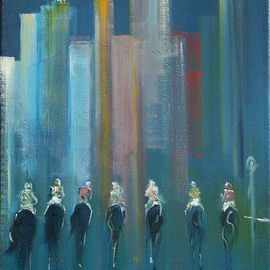 Tom Lund-lack: 'Hot Shots', 2008 Oil Painting, Equine. Artist Description:  Abstract of Jockeys contrasted against a skyscraper background. The object to draw an analogly between betting, glamour and money, whether in share trading or on horses you can loose your shirt both ways ...