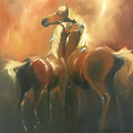 Tom Lund-lack: 'Mare and Yearling', 2005 Oil Painting, Equine. Artist Description:  Two young horses seek comfort and saftey in each others company.  This work is painted onto board using a limited palete of ochre, red ochre, brown ochre, old holland deep blue and turquoise. ...